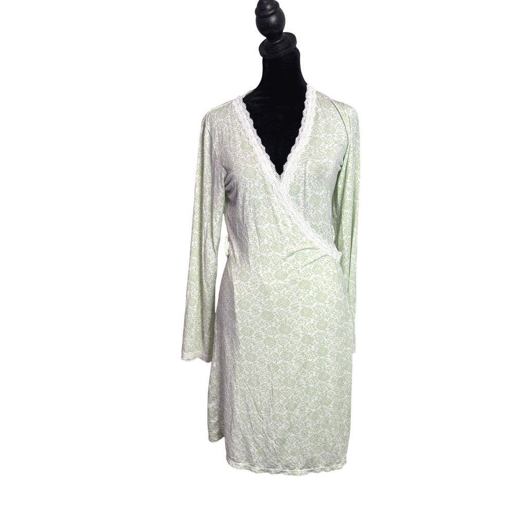 Eberjey Floral Wrap Robe Womens M/L Green Lace‎ Trim Modal Long Sleeve Sleepwear